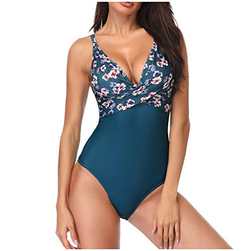 Womens Monokini Front Cross One Piece Swimsuits Tummy Control Swimwear V Neck Print Bathing Suits Bodysuit Navy