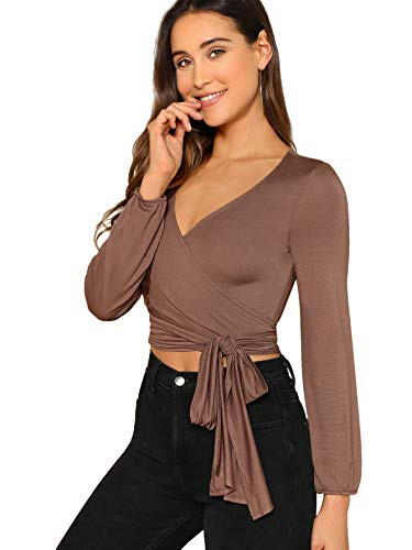 SheIn Womens Casual V Neck Long Sleeve Tee T-Shirt Tie Front Wrap Crop Top Small Brown