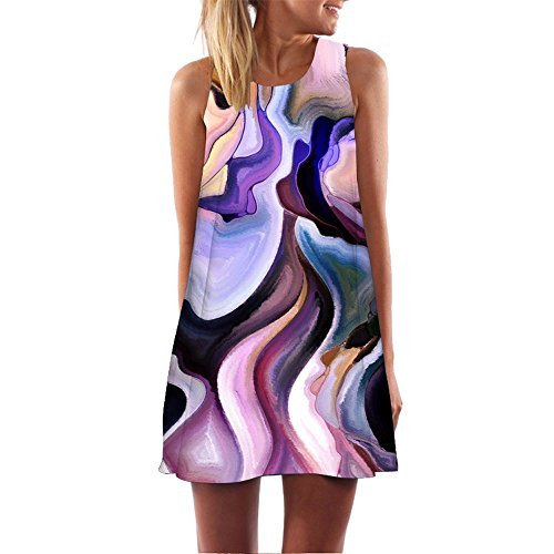 Womens Dress Summer O-Neck Boho Sleeveless Floral Printed Beach Mini Dress Casual T-Shirt Short Dress Short Mini Dress Purple