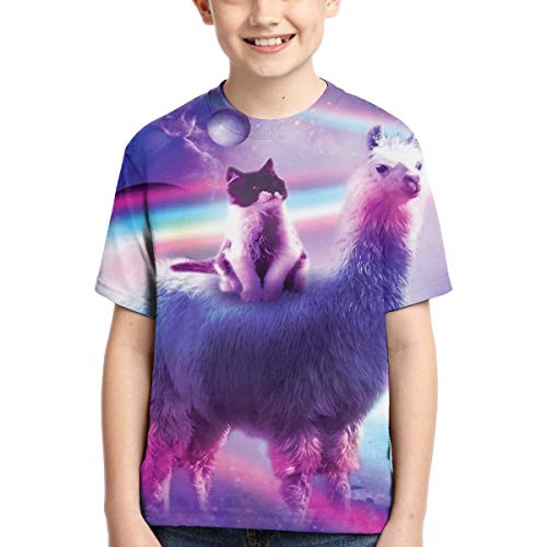 Garde Art Studio Tee Shirt 3D Print for Child Fashion Kitty Cat Riding On Rainbow Llama in Space Medium