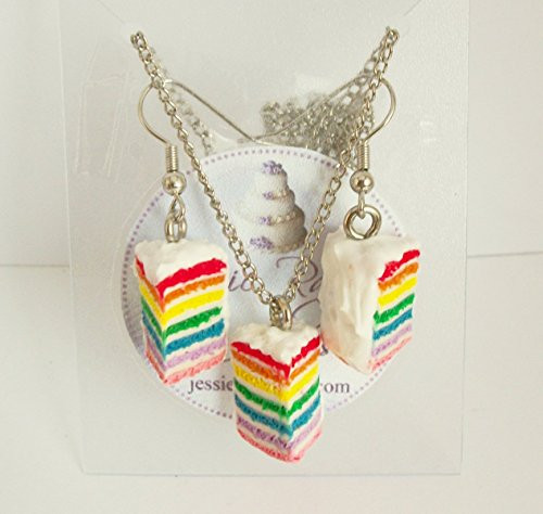 Rainbow Birthday Cake Slice with White Icing Earrings and Necklace Set Faux Food Jewelry Rainbow Birthday Cake Slice with White Icing Earrings and Necklace Set Faux Food Jewelry