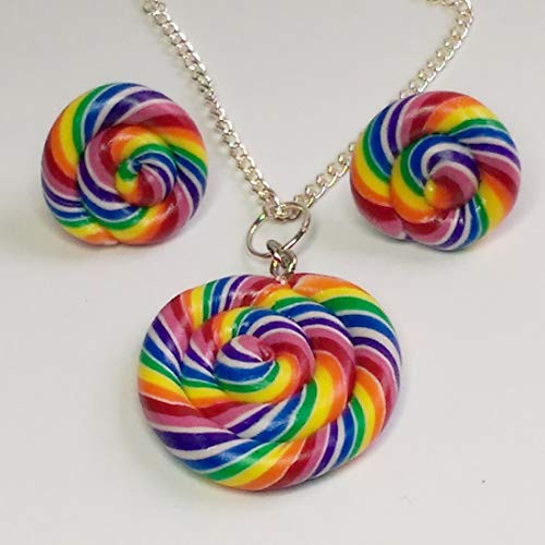 Rainbow Swirl Candy lollipop Earrings and Necklace Set Faux Food Jewelry Halloween Thanksgiving Fall Christmas Rainbow Swirl Candy lollipop Earrings and Necklace Set Faux Food Jewelry Halloween Thanksgiving Fall Christmas