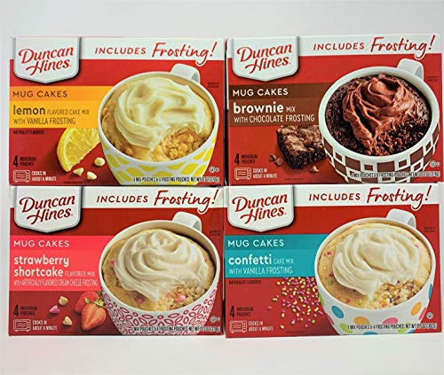 Duncan Hines Mug Cakes 4 Flavor Variety Bundle-Confetti Cake Lemon Cake Strawberry Shortcake Chocolate Brownie 12.7oz each-4 pouches per flavor