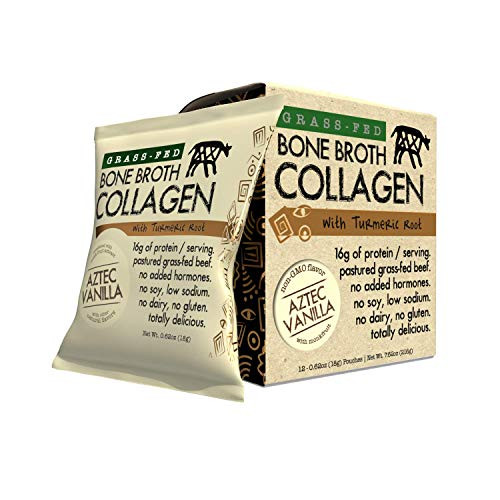 PaleoPro Bone Broth Collagen Powder  plus  Turmeric Root Hot Cold Protein Powder Beverage Keto Ingredients from Pastured Grass-fed Beef no Added Hormones Dairy-Free Gluten-Free 12 Single Serve Packs