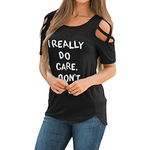 Forthery I Really Do Care Dont U Women Cold Shoulder Tunic Tops T Shirts Blouse  L Black-Letter