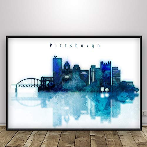 Print of Watercolor cityscape of Pittsburgh city Skyline in blue Home or office wall decor Pennsylvania poster. Unframed print