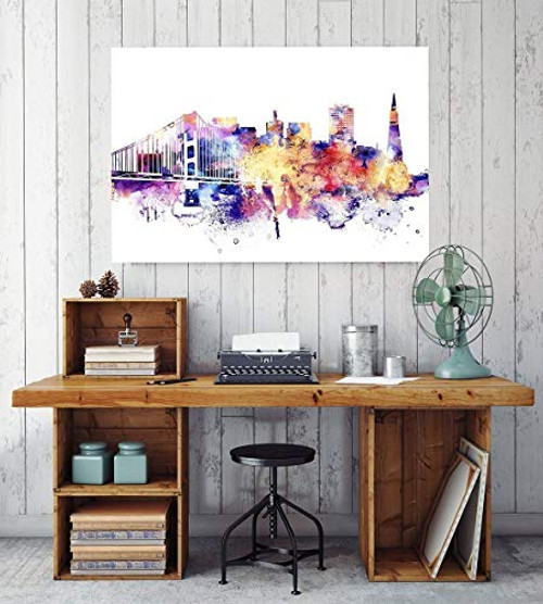 San Francisco print Golden Gate Bridge Watercolor Print San Francisco Art Poster City Skyline Wall Decoration San Francisco Cityscape. Unframed print.