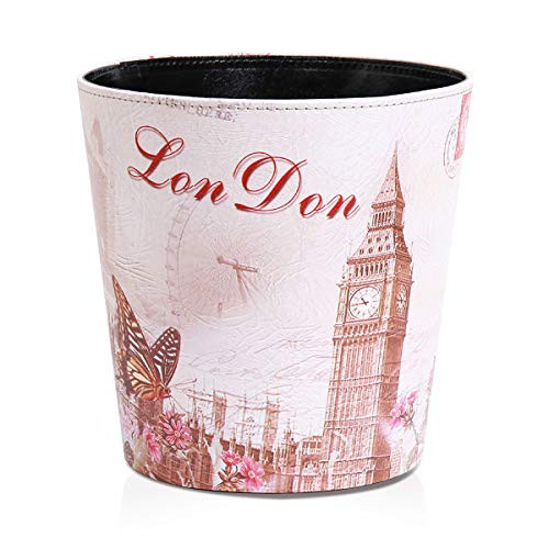 Trash Can Wastebasket Decorative Trash Can Waste Paper Basket Waste Container Bin for Bedroom Office and More Vintage Rustic PU Leather Flowers Pattern Dustbin Garbage Bin 3067-B1 10.3X10.3inch