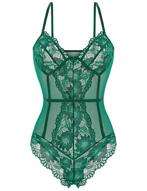 Women Lingerie Snap Crotch One Piece Lace Teddy Bodysuit Babydoll Chemise Sleepwear Green M