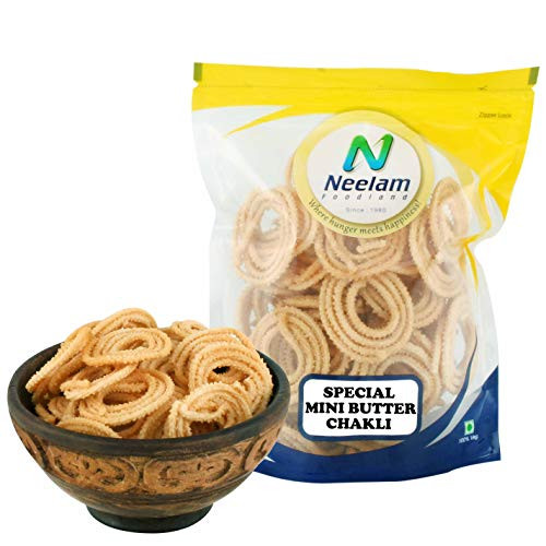Neelam Foodland Mumbai Mini Butter Chakli Fresh and Cruncy Tasty and Healthy Indian Food and Namkeen Snacks - 400 grams Neelam Foodland Mumbai Mini Butter Chakli Fresh and Cruncy Tasty and Healthy Indian Food and Namkeen Snacks - 400 grams
