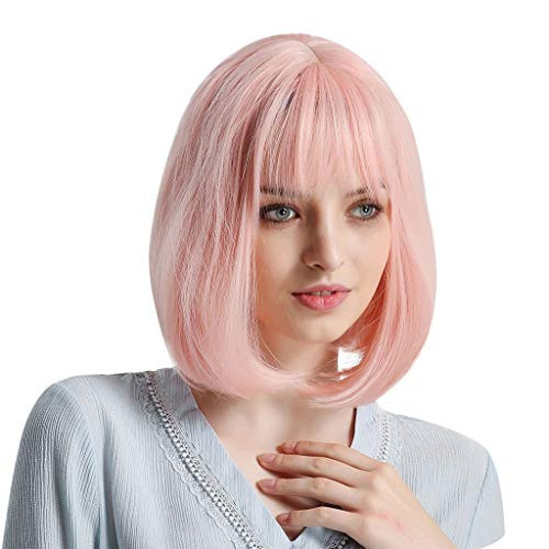 ErYao Pink Short Bob Wig with Bangs for Women Short Straight Hair Flapper Cosplay Costume Bob Wig  Pink