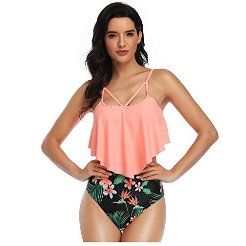 JOYFEEL Womens Two Piece High Waisted Ruffled Swimsuit Tummy Control Strap Ruched Bikini Set Print Bathing Suit Swimwear Orange