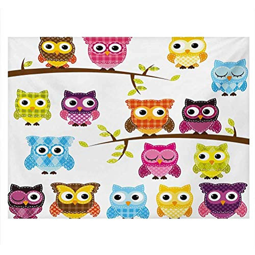 ScottDecor Nursery Terrarium Background Patchwork Quilt Style Owls on Branches Animals with Green Leaves Bird Mascots Print PVC Self-Adhesive Decor Wall Multicolor W24 x L12 Inch