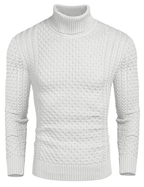 COOFANDY Mens Slim Fit Turtleneck Sweater Casual Knitted Twisted Pullover Solid Sweaters White