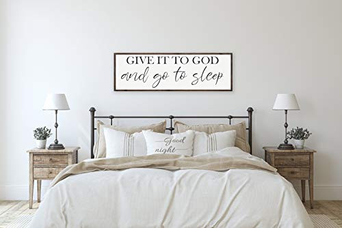 Promini Give It to God and Go to Sleep Sign Bedroom Sign Bedroom Wall Decor Farmhouse Bedroom Decor Wall Art for Above Bed 6x20 Inch Wood Sign with Frame