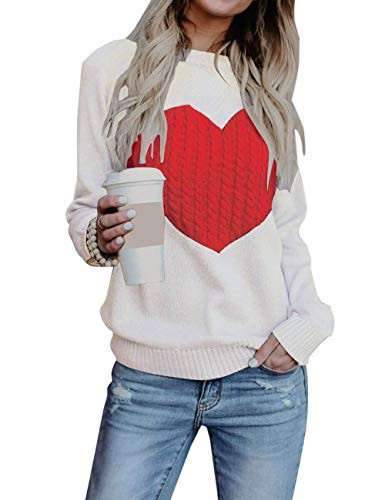 EC ELEGANTCHARM Womens Pullover Sweaters Knitted Long Sleeve Crewneck Heart Patchwork Jumper Cozy Tops White