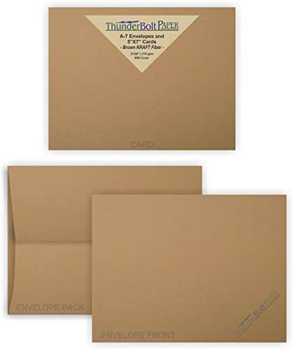 5X7 Blank Cards with A-7 Envelopes - Brown Kraft Fiber - 25 Sets - Matching Pack - Invitations, Greeting, Thank Yous, Notes, Holidays, Weddings, Birthdays, Announcements - 80# Cardstock