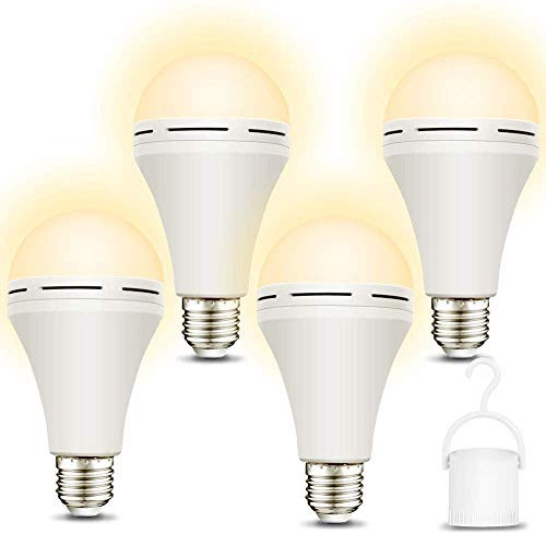 4 Pack Emergency-Light-Bulb-Rechargeable 3000K Soft Warm LED Light Bulbs with Battery Backup Stay Lighting When Power Failure 1200mAh 15W 80W Equivalent LED Light Bulb for Home Emergency Lighting