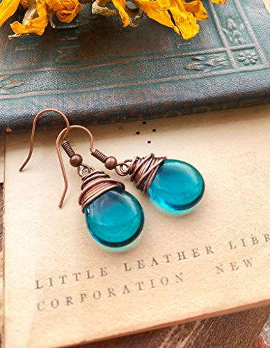 Teal teardrop Czech glass and copper wire wrapped earrings.