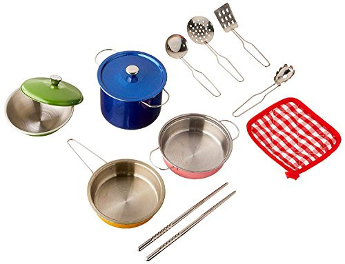 Liberty Imports Multicolored Stainless Steel Metal Pots and Pans Kitchen Cookware Playset for Kids with Cooking Utensils Set
