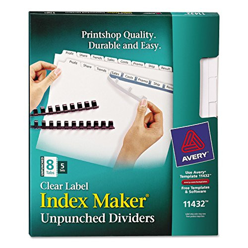 Avery 11432 Clear Label Index Maker Unpunched 8-Tab White Letter 5 Sets PK