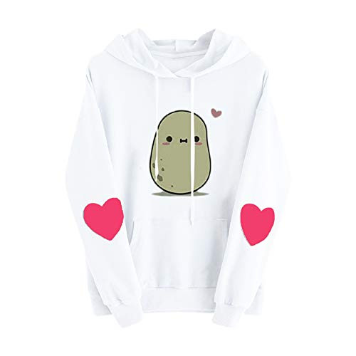 Hooded Sweatshirt for Women Cartoon Pattern Printed Pullover Tops Comfort Long Sleeve Drawstring Hoodies with Pockets White
