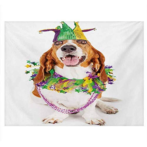 ScottDecor Mardi Gras Terrarium Background Happy Smiling Basset Hound Dog Wearing a Jester Hat Neck Garland Bead Necklace PVC Self-Adhesive Decor Wall Multicolor W24 x L16 Inch
