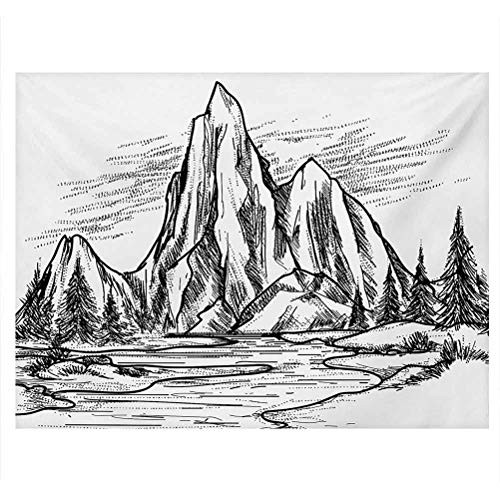 ScottDecor Mountain Aquarium Decor Backgrounds Hand Drawn Style View with Forest Pine Trees Lake Landscape Idyllic Sketch PVC Self-Adhesive Decor Wall Black and White W24 x L16 Inch