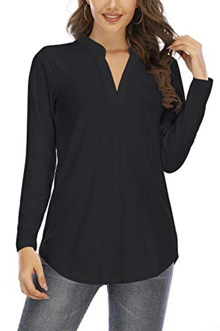 Beauhuty Womens Tops Long Sleeve V Neck Loose Fitted Shirt Casual Tunic Blouses  Long-BlackM