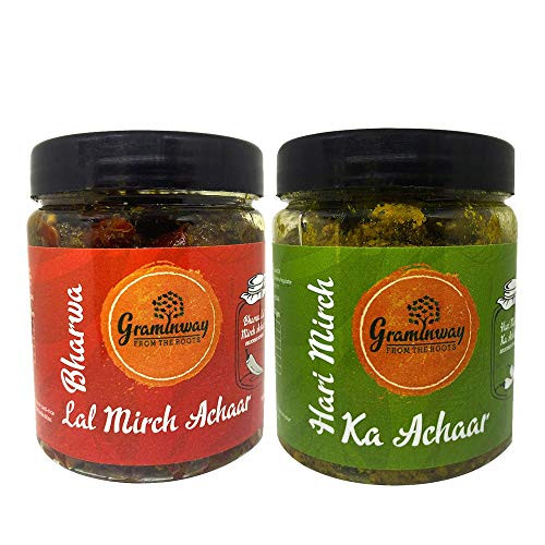 Graminway Pickle Combo Bharwan Lal Mirch Achar and Teekhi Hari Mirchi ka Achar Stuffed Red Chilli and Spicy Green Chilli Pack of 2  200 Gm Each