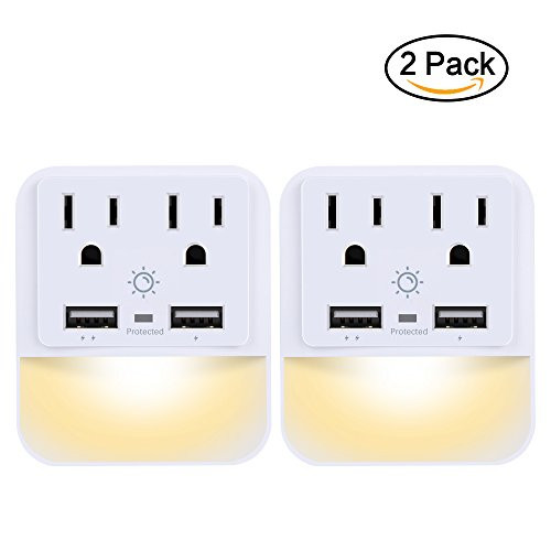 USB Wall Charger, Outlet Adapter, POWRUI 2-Pack Surge Protector(1080 Joules) with Dual USB Charger Ports(2.4A Total), Dual Outlet Extender and Dusk-To-Dawn Sensor Night light, White, ETL Certified