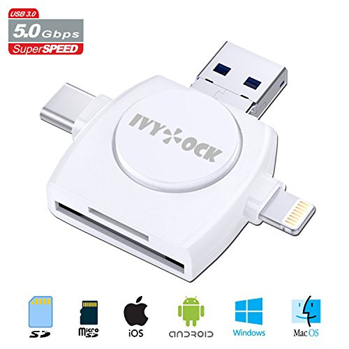 SD & Micro SD Card Reader - Memory Card Camera Reader Adapter for iPhone/iPad/GALAXY S8/Android/Mac/PC/MacBook. With Lightning,Micro USB,USB Type C,USB 3.0 Connector (4 in 1)