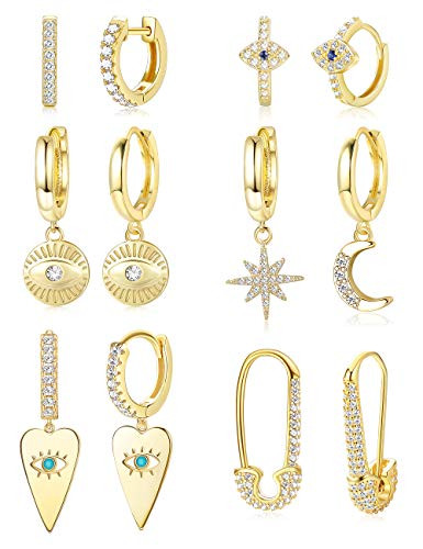 Magitaco 6 Pairs Huggie Hoop Earrings for Women Moon and Star Evil Eye Dangle Earrings Gold Dangle Earrings for Women