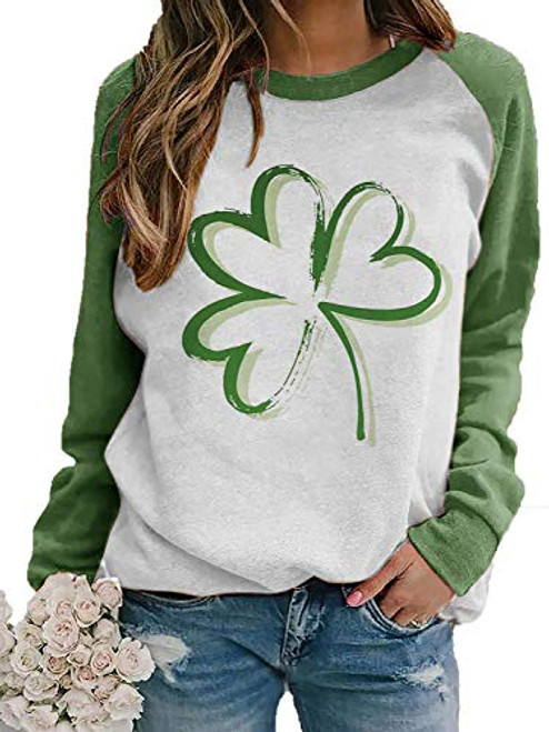 Womens St. Patricks Day Clover Print Green Casual Sweatshirt Irish Shamrock Printed Green Sweatshirt for Women  Green M