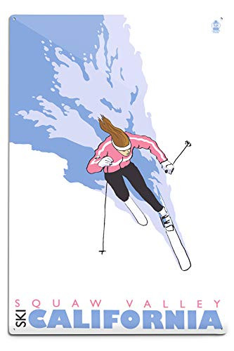 Lantern Press Squaw Valley California Stylized Skier  Woman   12x18 Aluminum Wall Sign Wall Decor Ready to Hang