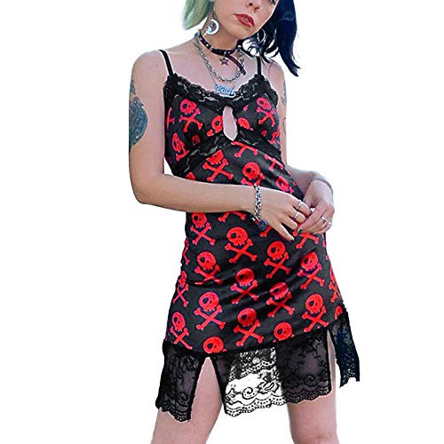 Gothic Punk Skull Printed Mini Dress Lace Hollow Out Sling Dress for Women S Red Gothic Punk Skull Printed Mini Dress Lace Hollow Out Sling Dress for Women S Red