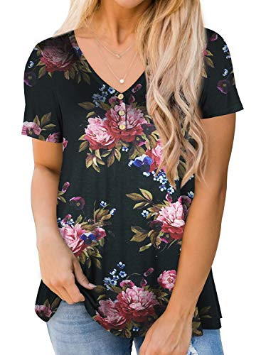 Womens Black Floral Striped Summer Short Sleeve Tee Shirts Cotton Plus Size Flowy Tshirt Tops 2XL