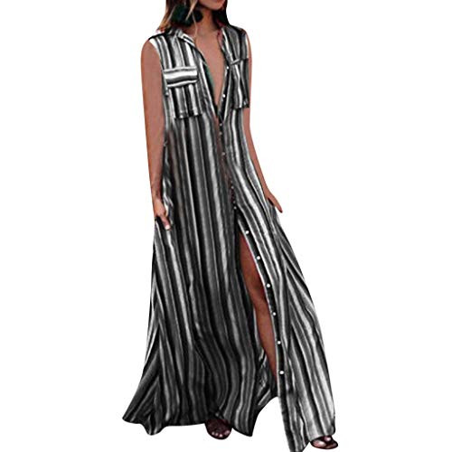 F_Gotal Womens Casual Long Maxi Sundress Rainbow Button Down Roll up Sleeve Dress Stripes Loose Maxi Pockets Dresses