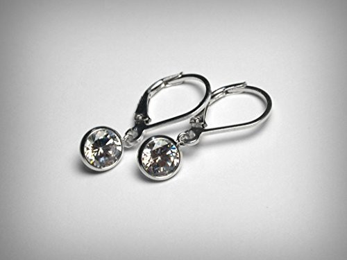 Cubic Zirconia Dangle Earrings in Solid Sterling Silver 925 6mm CZ Lever Backs