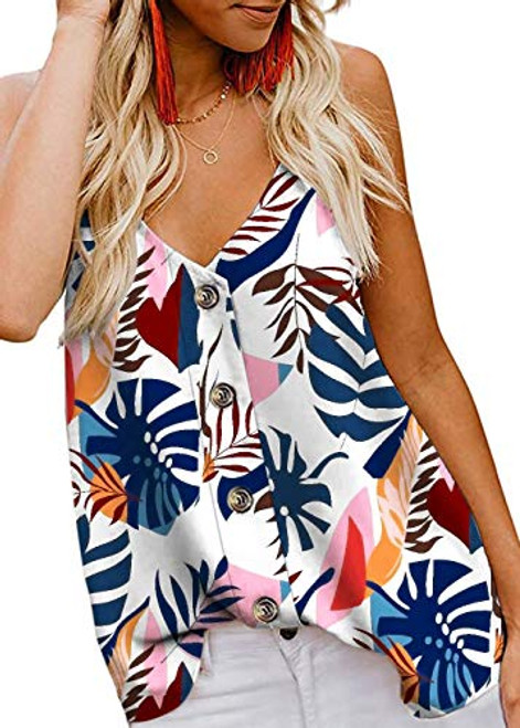 WNEEDU Womens Button Down V Neck Strappy Tank Tops Loose Casual Sleeveless Shirts Blouses  M Blue Plantain