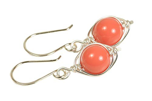 Sterling Silver Orange Coral Earrings with Swarovski Pearls Wire Wrapped Sterling Silver Orange Coral Earrings with Swarovski Pearls Wire Wrapped