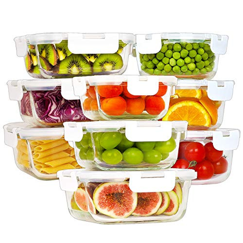 Bayco Glass Food Storage Containers with Lids  18 Piece  Glass Meal Prep Containers Airtight Glass Lunch Bento Boxes BPA-Free  and  Leak Proof  9 lids  and  9 Containers  - White