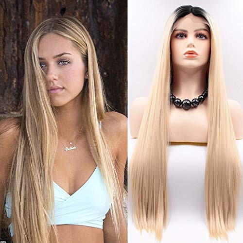 Ombre Blonde Lace Front Wig Straight Soft Black Roots Ash Blonde Ombre Wigs for Women Glueless Long Straight Synthetic Wig with Middle Parting Heat Resistant 24 Inches Ombre Blonde Lace Front Wig Straight Soft Black Roots Ash Blonde Ombre Wigs for Women Glueless Long Straight Synthetic Wig with Middle Parting Heat Resistant 24 Inches