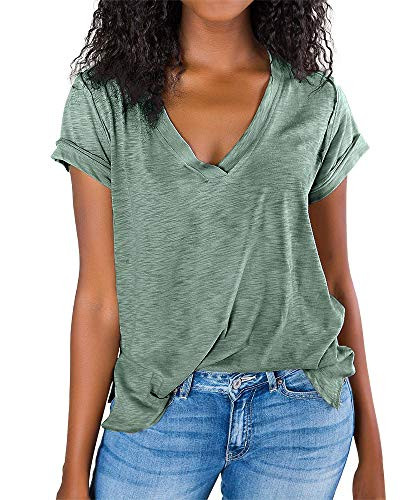 Imily Bela Womens V Neck T Shirts Summer Casual Short Sleeve Loose Tshirts Side Slit Basic Tees Green