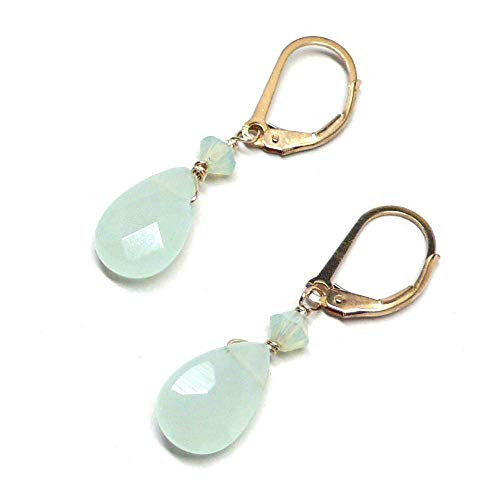 Lab-Grown Aqua Stone Briolette Lever Back Earrings Swarovski Crystal Gold-Filled Lab-Grown Aqua Stone Briolette Lever Back Earrings Swarovski Crystal Gold-Filled