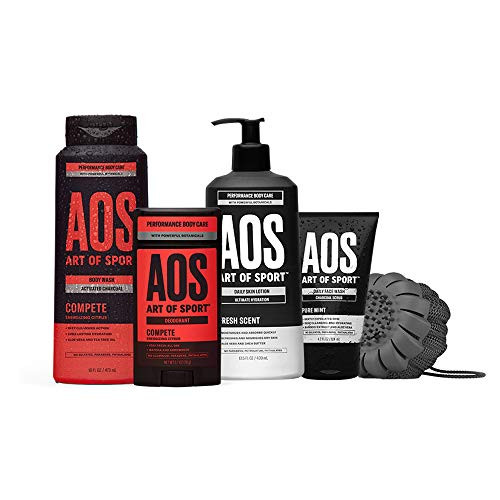 Art of Sport Compete Bestsellers Kit 5pc Mens Daily Essential Body Care Gift Set with Aluminum-Free Deodorant Charcoal Body Wash Body Lotion Charcoal Face Wash and Shower Scrub Tool Paraben Free
