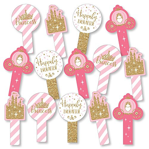 Big Dot of Happiness Little Princess Crown - Pink and Gold Princess Baby Shower or Birthday Party Paddle Photo Booth Props - Selfie Photo Booth Props - Set of 14