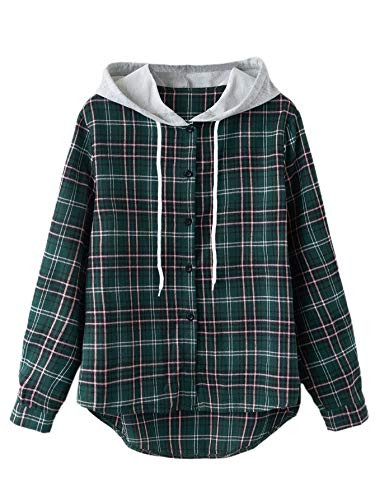 SOLY HUX Womens Long Sleeve Plaid Hoodie Button Down Shirt Blouse Top Green L