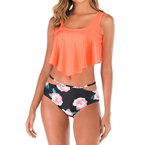 Hotkey Swimsuit for Women Two Piece Bathing Suit Top Ruffled High Waisted Tankini Beachwear Tummy Control Swimwear Orange