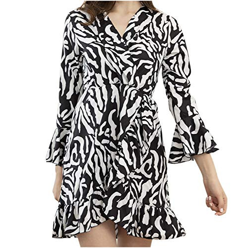 Women Long Sleeve Dresses V Neck Floral Printed Dress Swing Party Wedding Dress Ruffle Hem Short Dresses with Drawstring